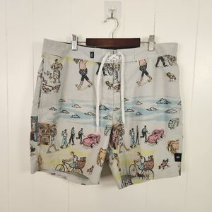 Vans X Kide Mens Costal Village Artwork Beach Water Sports Board Shorts Size 34